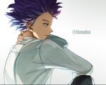  1boy artist_name bangs boku_no_hero_academia earrings from_side grey_background hand_on_own_neck highres jewelry long_sleeves male_focus open_mouth pants profile shinsou_hitoshi short_hair simple_background solo spiked_hair tonbanlove twitter_username upper_body white_background 