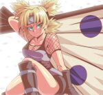  1girl arm_behind_back bangs black_footwear black_gloves black_shorts blonde_hair blurry blurry_background boots cleavage_cutout closed_mouth clothing_cutout fishnets forehead_protector gloves green_eyes hand_fan highres holding holding_fan lewdamone looking_at_viewer naruto_(series) naruto_shippuuden ninja petals short_sleeves shorts simple_background smile solo temari_(naruto) thighs v-shaped_eyebrows white_background 