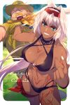  1boy 1girl animal_ears bangs bare_shoulders bikini black_bikini black_hairband blue_eyes body_markings bracelet breasts caenis_(fate) caenis_(swimsuit_rider)_(fate) character_name cleavage collarbone echo_(circa) eyewear_on_head facial_hair fat fat_man fate/grand_order fate_(series) goredolf_musik grin hairband hat jewelry large_breasts long_hair looking_at_viewer mustache nail_polish navel open_mouth scarf shirt short_hair short_sleeves smile sunglasses swimsuit thighs very_long_hair white_hair white_nails wristband yellow_headwear yellow_scarf yellow_shirt 