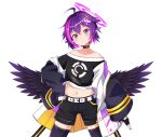  1girl absurdres ahoge animal_ear_fluff animal_ears bangs bare_shoulders belt belt_buckle black_choker black_jacket black_shirt black_shorts buckle choker closed_mouth collarbone commentary_request crop_top eyebrows_visible_through_hair feathered_wings hair_between_eyes hair_ornament halo head_tilt highres indie_virtual_youtuber jacket long_sleeves looking_at_viewer midriff multicolored_hair navel off-shoulder_shirt off_shoulder open_clothes open_jacket pink_hair purple_eyes purple_hair purple_legwear purple_wings shirt short_hair shorts simple_background sleeves_past_fingers sleeves_past_wrists solo streaked_hair sylphine thighhighs tsubasa_ranma virtual_youtuber white_background white_belt wings x_hair_ornament 