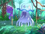  bad_id bad_pixiv_id banned_artist commentary_request grass hanging holding jungle leaf nature nihilego nin_(female) no_humans plant poipole pokemon pokemon_(creature) smile standing tree ultra_beast vines 