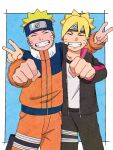  2boys black_jacket black_pants blonde_hair blue_background border boruto:_naruto_next_generations clenched_hand forehead_protector grin highres jacket jewelry long_sleeves multiple_boys naruto naruto_(series) necklace ninja open_clothes open_jacket orange_jacket orange_pants pants pinoko_(pnk623) shirt smile teeth uzumaki_boruto uzumaki_naruto v white_shirt 