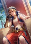  1boy arabian_clothes bangs blonde_hair cloud day earrings fate/grand_order fate_(series) gilgamesh_(caster)_(fate) gilgamesh_(fate) gold_armor hand_on_own_cheek hand_on_own_face head_rest jewelry looking_at_viewer male_focus navel outdoors red_eyes shin716 short_hair shoulder_tattoo sitting sky smile solo tattoo teeth throne toned toned_male 