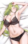  1girl armpits black_bra black_panties blush bra breasts cleavage closed_mouth collarbone eyebrows_visible_through_hair girls&#039;_frontline green_hair hair_ornament hairclip hand_on_head heart heart_eyes highres ichinose_(ichinose1592) long_hair looking_at_viewer lying medium_breasts mk48_(girls&#039;_frontline) nail_polish navel on_back on_bed panties red_eyes red_nails smile solo underwear 