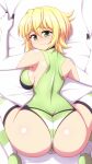  1girl akatsuki_kirika ass bed_sheet blonde_hair blush breasts cameltoe closed_mouth commentary_request from_above from_behind green_eyes leotard looking_at_viewer looking_back medium_breasts pillow pillow_grab senki_zesshou_symphogear shiny shiny_hair shiny_skin short_hair smile solo striped striped_legwear thighhighs zetsumu 