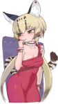  1girl alternate_costume animal_ears blonde_hair brown_hair cat_ears cat_girl cat_tail choker commentary_request dress earrings extra_ears eyebrows_visible_through_hair frilled_neckwear highres jewelry kemono_friends kuro_(kurojill) long_hair multicolored_hair ocelot_(kemono_friends) ocelot_print orange_eyes red_dress red_neckwear single-shoulder_dress single_strap solo tail twintails 