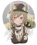  1girl :3 animal_ears arknights bangs beanstalk_(arknights) blush brown_hair ears_through_headwear eyebrows_visible_through_hair hat highres hyena_ears hyena_girl infection_monitor_(arknights) metal_crab_(arknights) open_collar red_eyes retxoxt solo 