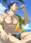 1boy abs black_male_swimwear black_shorts blue_hair bottle cloud commentary cu_chulainn_(fate) cu_chulainn_(fate/stay_night) day earrings fate/grand_order fate/stay_night fate_(series) hand_up hawaiian_shirt highres holding holding_bottle indian_style jewelry male_focus male_swimwear mondi_hl navel nipples off_shoulder open_clothes open_shirt outdoors ponytail red_eyes shirt shorts sitting sky solo swim_trunks symbol-only_commentary teeth toned toned_male tongue tongue_out twitter_username water_bottle 