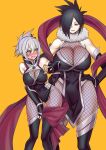  2girls ass_visible_through_thighs ayakashi_triangle bare_shoulders black_gloves black_hair blush bodysuit breasts choker cleavage commentary_request detached_sleeves earrings embarrassed eyebrows_visible_through_hair eyelashes fishnet_bodysuit fishnets fur_choker fur_trim genderswap genderswap_(mtf) gloves hair_ornament highres jewelry kazamaki_matoi kazamaki_matsuri kouji_(kari) large_breasts long_hair mature_female mother_and_daughter mother_and_son multiple_girls ninja pink_eyes pinwheel pinwheel_hair_ornament ponytail silver_hair simple_background standing thighhighs thighs yellow_background 