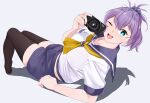  1girl aoba_(kancolle) bangs black_legwear blue_eyes blue_scrunchie camera collarbone eyebrows_visible_through_hair hair_ornament hair_scrunchie highres holding holding_camera kantai_collection looking_at_viewer messy_hair neckerchief ojipon one_eye_closed open_mouth ponytail purple_hair sailor_collar school_uniform scrunchie serafuku short_hair shorts smile solo thighhighs yellow_neckerchief 