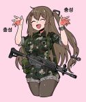  1girl :d bad_id bad_pixiv_id bangs brown_hair brown_legwear camouflage camouflage_jacket camouflage_shorts check_translation closed_eyes daewoo_k2 girls&#039;_frontline gun hair_between_eyes hair_ornament hairpin jacket jagd k2_(girls&#039;_frontline) korean_text long_hair military military_uniform open_mouth pantyhose pink_background rifle shorts simple_background sleeves_rolled_up smile solo translation_request uniform watch weapon wristwatch 