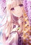  1girl absurdres bangs bare_shoulders braid breasts caron commentary dress emilia_(re:zero) eyebrows_visible_through_hair flower frilled_sleeves frills gem hair_flower hair_ornament hair_ribbon highres large_breasts long_hair long_sleeves looking_at_viewer pointy_ears purple_eyes re:zero_kara_hajimeru_isekai_seikatsu ribbon shiny shiny_hair silver_hair solo symbol-only_commentary white_dress 