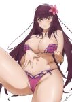  1girl absurdres bikini bracelet breasts cameltoe cleavage error1945 fate/grand_order fate_(series) flower hair_flower hair_intakes hair_ornament hibiscus highres jewelry large_breasts navel pink_bikini purple_bikini red_eyes scathach_(fate) scathach_(swimsuit_assassin)_(fate) simple_background solo swimsuit white_background 