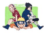  1girl 2boys :d black_eyes black_skirt blonde_hair blue_eyes blue_footwear blue_shirt border forehead forehead_protector full_body green_background green_eyes hand_on_own_cheek hand_on_own_face haruno_sakura highres jacket long_hair long_sleeves looking_at_viewer multiple_boys naruto naruto_(series) ninja open_mouth orange_jacket pink_hair pinoko_(pnk623) red_shirt sandals shirt shoe_soles short_hair short_sleeves shorts simple_background sitting sitting_on_person skirt smile team7 teeth toes uchiha_sasuke uzumaki_naruto white_shorts 