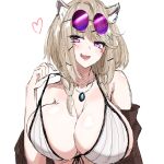  1girl :d animal_ear_fluff animal_ears arknights bangs bikini black_shirt breasts commentary eyebrows_visible_through_hair eyewear_on_head fang heart highres huge_breasts jewelry light_brown_hair looking_at_viewer maiq06 necklace official_alternate_costume open_clothes open_mouth open_shirt purple_eyes round_eyewear shirt short_hair sketch skin_fang smile strap_pull sunglasses swimsuit upper_body utage_(arknights) utage_(summer_flowers)_(arknights) white_background 