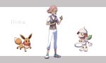  1boy bad_id bad_pixiv_id banned_artist brown_vest character_name closed_mouth collared_shirt commentary_request eevee full_body green_eyes green_legwear highres holding ilima_(pokemon) looking_down male_focus nin_(female) notebook pants pink_hair pokemon pokemon_(creature) pokemon_(game) pokemon_sm ribbed_legwear shirt shoes short_hair short_sleeves smeargle smile socks split_mouth standing vest white_footwear white_pants white_shirt 
