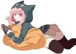  1girl absurdres animal_ears animal_hood brown_skirt cat_hood commentary danganronpa_(series) danganronpa_2:_goodbye_despair fake_animal_ears food food_in_mouth green_jacket handheld_game_console highres holding holding_handheld_game_console hood hooded_jacket jacket long_sleeves looking_at_viewer lying medium_hair mouth_hold nanami_chiaki nintendo_switch on_stomach pillow pink_eyes pink_hair pleated_skirt shiny shiny_hair shocho_(shaojiujiu) simple_background sketch skirt solo thighhighs white_background zettai_ryouiki 