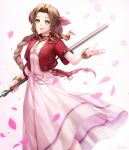  1girl absurdres aerith_gainsborough bow bracelet braid braided_ponytail breasts brown_hair cleavage dress final_fantasy final_fantasy_vii final_fantasy_vii_remake floating_hair green_eyes hair_bow highres holding holding_staff holding_weapon jacket jewelry kudo_kunugi long_braid long_hair looking_at_viewer open_mouth petals pink_dress red_jacket short_sleeves smile solo staff very_long_hair weapon wind wind_lift 