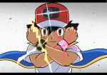 1boy ash_ketchum bangs baseball_cap black_hair blue_jacket brown_eyes clenched_hands closed_mouth commentary dynamax_band energy hands_up hat jacket male_focus pokemon pokemon_(anime) pokemon_swsh_(anime) red_headwear shirt short_hair short_sleeves sleeveless sleeveless_jacket solo spiked_hair sungyeah t-shirt upper_body white_shirt z-ring 