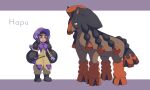  1girl :d bad_id bad_pixiv_id banned_artist belt black_belt black_hair bonnet boots character_name commentary_request dark-skinned_female dark_skin eyelashes gloves grey_eyes grey_gloves hapu_(pokemon) highres holding holding_poke_ball jumpsuit long_hair mudsdale nin_(female) open_mouth poke_ball pokemon pokemon_(creature) pokemon_(game) pokemon_sm pouch purple_headwear smile standing teeth thick_eyebrows tongue twintails upper_teeth 