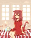  1girl animal_ears bangs beige_background blush cat_ears cat_girl cat_tail coco_(hinatacoco) dress fish_pillow hair_between_eyes indoors looking_at_viewer original red_dress red_eyes red_hair short_sleeves sitting solo striped tail window 