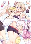  4girls :d ^^^ ahoge anchor_hair_ornament animal_ears arrow_(symbol) ass_visible_through_thighs ayanami_(azur_lane) ayanami_(off-duty_battle_station_gear)_(azur_lane) azur_lane azur_lane:_slow_ahead back bandaid bandaid_on_arm bangs bare_shoulders bike_shorts black_camisole black_ribbon black_shorts blonde_hair bloomers blue_eyes blush bra_strap bracelet breasts bubble_tea camisole cellphone cleavage closed_eyes closed_mouth clothes_pull collarbone commentary_request cowboy_shot crop_top cup eye_mask eyebrows_visible_through_hair fake_animal_ears groin hair_between_eyes hair_ornament hair_ribbon hairband headgear high_ponytail highres holding holding_phone hug javelin_(azur_lane) javelin_(operation:_pillow_fight!)_(azur_lane) jewelry laffey_(azur_lane) laffey_(sleep_to_clean_another_day)_(azur_lane) long_hair long_sleeves looking_at_another looking_at_viewer loungewear manjuu_(azur_lane) medium_breasts midriff milk mug multiple_girls navel off_shoulder official_alternate_costume open_mouth phone pink_hairband pink_shirt polka_dot polka_dot_shirt ponytail pulled_by_another purple_hair purple_ribbon rabbit_ears red_scrunchie ribbon scrunchie shirt short_hair shorts shorts_pull side_ponytail sidelocks skindentation smartphone smile speech_bubble standing striped striped_legwear t@ke-g thighhighs tied_shirt twitter_username underwear white_background white_bloomers white_camisole white_hair white_shirt wide_ponytail wrist_scrunchie yellow_eyes z23_(azur_lane) z23_(keeper_of_the_comf-fort)_(azur_lane) zzz 