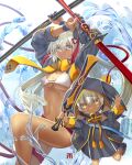  2girls ahoge amayofuu arms_up bangs bikini black_jacket breasts cropped_jacket dark-skinned_female dark_skin fate/grand_order fate_(series) grey_eyes highres hood hooded_jacket jacket katana long_hair long_sleeves looking_at_viewer medium_breasts multiple_girls navel okita_souji_(alter_swimsuit_saber)_(fate) okita_souji_(fate) orange_scarf rengoku_(fate) scarf sheath shrug_(clothing) smile swimsuit sword tassel thighs very_long_hair water weapon white_bikini white_hair 