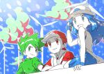  1girl 2boys :d alternate_color arm_support bangs baseball_cap blue_eyes blue_hair blue_oak blue_skirt breasts closed_mouth cloud commentary eyelashes green_eyes green_hair green_shirt hat highres hungry_seishin jacket leaf_(pokemon) long_hair looking_back medium_breasts multiple_boys open_mouth outdoors pokemon pokemon_(game) pokemon_frlg red_(pokemon) red_eyes red_hair red_headwear shirt short_hair short_sleeves sitting skirt sleeveless sleeveless_shirt smile spiked_hair tongue white_headwear white_shirt wind_turbine wristband 