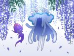  bad_id bad_pixiv_id banned_artist blurry commentary_request flower full_body nihilego nin_(female) no_humans open_mouth petals poipole pokemon pokemon_(creature) purple_flower smile ultra_beast white_background 