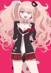  1girl :d absurdres bangs bear_hair_ornament black_choker black_necktie black_shirt blue_eyes blush bow bra breasts choker cleavage collarbone commentary cowboy_shot danganronpa:_trigger_happy_havoc danganronpa_(series) enoshima_junko eyebrows_visible_through_hair hair_ornament highres large_breasts long_hair necktie open_mouth pink_background plaid plaid_skirt pleated_skirt red_bow red_skirt shiny shiny_hair shirt shocho_(shaojiujiu) skirt smile solo stuffed_animal stuffed_toy teddy_bear twintails underwear white_necktie 