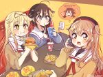  +_+ 3girls ahoge beige_sweater beret black_hair black_headwear blonde_hair blue_eyes blue_sweater braid brown_eyes burger cable calling cellphone charger charging_device chicken_nuggets commentary_request drink eating electric_plug electric_socket food french_fries hair_flaps hair_ornament hair_over_shoulder hat heterochromia kantai_collection long_hair multiple_girls murasame_(kancolle) phone recharging red_eyes remodel_(kantai_collection) ren_kun sailor_collar school_uniform serafuku shigure_(kancolle) shiratsuyu_(kancolle) single_braid sweater twitter_username upper_body white_sailor_collar yellow_sweater yuudachi_(kancolle) 