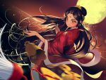  1girl bell black_hair china_dress chinese_clothes coin dress facial_mark floating_hair forehead_mark glint hair_ornament hanfu knot light_blush light_particles long_hair mid-autumn_festival moon original red_eyes seloo shawl solo sparkle tsurime 