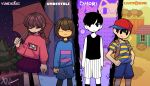  1girl 1other 2boys :| absurdres bangs black_eyes black_hair black_legwear black_tank_top blue_shirt blue_shorts braid brown_hair closed_eyes closed_mouth colored_skin crossover frisk_(undertale) hand_on_hip hat highres holding holding_stick holding_umbrella long_hair long_sleeves looking_at_viewer madotsuki mother_(game) mother_2 multiple_boys ness_(mother_2) omori omori_(omori) pink_sweater red_headwear red_skirt shirt short_hair short_sleeves shorts skirt smile socks stick striped striped_shirt sweater tank_top twin_braids umbrella undertale white_shorts white_skin xndartsreal yellow_shirt yume_nikki 