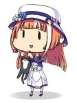  1girl akikawa_yayoi_(umamusume) ascot bangs blue_flower blunt_bangs cat chibi commentary cropped_jacket dress error_musume flower girl_holding_a_cat_(kancolle) hat hat_flower inuyamatarou kantai_collection long_hair long_sleeves multicolored_hair one-hour_drawing_challenge orange_hair parody sidelocks simple_background sketch solid_oval_eyes streaked_hair sun_hat trait_connection umamusume white_background white_headwear 