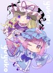  2girls arm_garter blonde_hair blue_kimono blush character_name chibi choker dress eyebrows_visible_through_hair folding_fan frilled_dress frills gap_(touhou) hair_between_eyes hair_ribbon hand_fan hat hat_ribbon highres hitodama holding holding_fan japanese_clothes kimono long_hair long_sleeves looking_at_viewer looking_to_the_side mob_cap multiple_girls obi one_eye_closed perfect_cherry_blossom pink_eyes pink_hair purple_dress purple_eyes ribbon saigyouji_yuyuko sandals sash short_hair smile socks tamagogayu1998 touhou triangular_headpiece wide_sleeves yakumo_yukari 