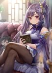  1girl absurdres bangs blurry blurry_background blurry_foreground blush book braid breasts brown_legwear character_doll choker collared_dress commentary_request couch crossed_legs depth_of_field detached_sleeves dress feet_out_of_frame genshin_impact hair_cones hair_ornament highres holding holding_book indoors keqing_(genshin_impact) light_particles long_hair long_sleeves looking_at_viewer medium_breasts neck_tassel on_couch open_book pantyhose parted_lips purple_choker purple_dress purple_hair red_eyes sidelocks sitting solo tassel tenton_(henatyo) twintails very_long_hair zhongli_(genshin_impact) 