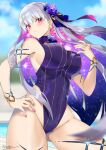  1girl absurdres bangs bare_shoulders blue_hair blue_sky blue_swimsuit blush body_markings bracelet breasts covered_navel earrings fate/grand_order fate_(series) flower hair_flower hair_ornament hair_ribbon highleg highleg_swimsuit highres jewelry kama_(fate) kama_(swimsuit_avenger)_(fate) large_breasts long_hair looking_at_viewer lotus multicolored_hair one-piece_swimsuit pool red_eyes ribbon sideboob silver_hair sky solo star_(symbol) star_earrings swimsuit thighs two-tone_hair tyone 