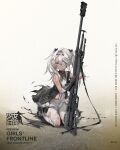  1girl arm_tattoo artist_request black_bow black_footwear black_gloves bow braid breasts character_name closed_mouth commentary_request copyright_name dress eyebrows_visible_through_hair floor french_braid full_body girls&#039;_frontline gloves grey_eyes grey_hair gun hair_bow hair_ornament hairband hairclip highres holding holding_weapon hs.50_(girls&#039;_frontline) long_hair looking_away official_art on_floor pantyhose rifle shoes simple_background small_breasts sniper_rifle sniper_scope solo steyr_hs_.50 tattoo thighs torn_clothes torn_dress torn_legwear twintails weapon white_dress white_eyepatch white_legwear 