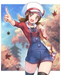  1girl bag black_legwear blurry blurry_background border breasts brown_eyes brown_hair cowboy_shot falling_leaves handbag hat holding holding_bag leaf long_sleeves lyra_(pokemon) open_mouth pointing pokemon pokemon_(game) pokemon_hgss red_shirt shirt solo suspenders teeth thighhighs tree twintails upper_teeth white_border white_headwear yasu_suupatenin 