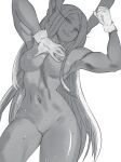  1girl absurdres animal_ears armpits boku_no_hero_academia breasts commentary covering_nipples cowboy_shot dark-skinned_female dark_skin gloves greyscale highres jonakko large_breasts long_hair looking_at_viewer mirko monochrome muscular muscular_female navel navel_piercing nude piercing pussy rabbit_ears rabbit_girl smile solo standing sweat thighs toned uncensored white_background white_gloves white_hair 