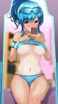  1girl aigami_shion armband bangs bed bikini blue_bikini blue_eyes blue_hair blurry blurry_background blush bookshelf breasts cameltoe collarbone commentary_request eyebrows_visible_through_hair garter-velvet highres holding holding_phone indoors legs_together medium_breasts medium_hair mirror navel original phone ponytail reflection selfie sidelocks sitting solo sweatband swimsuit tan tanlines underboob wet 
