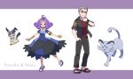 1boy 1girl acerola_(pokemon) alolan_persian armlet bad_id bad_pixiv_id bangs banned_artist blue_dress commentary_request dress flip-flops flipped_hair grey_dress grey_eyes grey_hair hair_ornament hairclip hand_up highres jacket looking_at_viewer medium_hair mimikyu multicolored_clothes multicolored_dress nanu_(pokemon) nin_(female) open_clothes open_jacket pants parted_lips pokemon pokemon_(anime) pokemon_(creature) pokemon_sm_(anime) purple_hair red_eyes red_shirt sandals shirt short_sleeves smile smirk standing stitches topknot torn_clothes torn_dress z-ring 