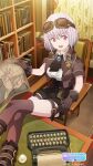  1girl absurdres ascot black_shorts bookshelf brown_legwear compass feet_out_of_frame game_cg goggles goggles_on_head gridman_universe highres holding holding_map indoors map official_art pink_hair red_eyes shinjou_akane short_hair shorts solo ssss.gridman steampunk thighhighs typewriter v-shaped_eyebrows 