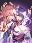  2girls between_breasts blush breasts cleavage from_behind genshin_impact hair_ornament halo highres holding_another&#039;s_wrist human_scabbard japanese_clothes kimono large_breasts multiple_girls pink_hair piyo_(pixiv_2308057) purple_eyes purple_hair raiden_shogun red_hair smile surprised sword_between_breasts sword_out_of_chest yae_(genshin_impact) yuri 