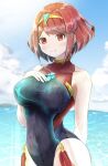  1girl bangs black_swimsuit breasts chest_jewel competition_swimsuit earrings highres jewelry kanuici336 large_breasts one-piece_swimsuit pyra_(pro_swimmer)_(xenoblade) pyra_(xenoblade) red_eyes red_hair red_swimsuit short_hair solo swept_bangs swimsuit tiara two-tone_swimsuit xenoblade_chronicles_(series) xenoblade_chronicles_2 