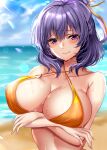  1girl absurdres bangs beach bikini breasts cleavage collarbone commentary_request crossed_arms day eiyuu_densetsu eyebrows_visible_through_hair hair_between_eyes hair_ornament hajimari_no_kiseki highres horizon kuro_(tbm9187) large_breasts lens_flare lips looking_at_viewer medium_breasts ocean outdoors purple_eyes purple_hair rixia_mao smile solo standing swimsuit upper_body wet yellow_bikini 