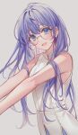  1girl :d absurdres alternate_hair_length alternate_hairstyle bare_arms bare_shoulders blue_eyes blush commentary cowboy_shot dress elsword glasses grey_background highres lium long_hair looking_at_viewer open_mouth purple_hair rimless_eyewear round_eyewear simple_background sleeveless sleeveless_dress smile upper_body very_long_hair white_dress yuria_(elsword) 