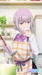  1girl :c absurdres apron bow bowtie cooking cowboy_shot furrowed_brow game_cg gingham gingham_apron gridman_universe half-closed_eyes highres indoors official_art pink_hair plant potted_plant purple_bow red_eyes shinjou_akane short_hair solo ssss.gridman yellow_apron 