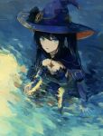  1girl 7ife black_hair blue_eyes blue_headwear breasts cleavage genshin_impact hair_behind_ear hat highres looking_at_viewer looking_up mona_(genshin_impact) open_hands partially_submerged small_breasts solo squatting twintails witch_hat 