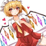  1girl ascot bangs blonde_hair blush breasts collarbone commentary crystal eyebrows_visible_through_hair flandre_scarlet frilled_skirt frills hair_between_eyes hat head_tilt heart highres kiui_(dagk8254) looking_at_viewer mob_cap navel open_mouth puffy_short_sleeves puffy_sleeves red_eyes red_skirt short_hair short_sleeves side_ponytail skirt small_breasts solo thighs touhou undone_neck_ribbon white_sleeves wings yellow_ascot 